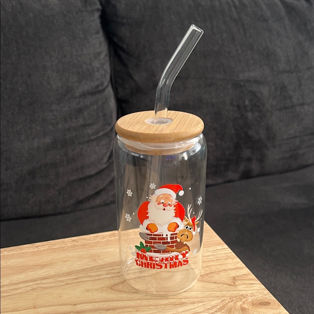 Christmas Santa Set of 2 Glass Drink Jar with Bamboo Lid and Straw